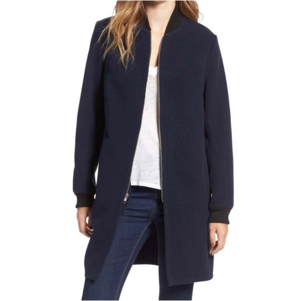 WAYF Navy Blue Bomber Style Long Zip-Up Jacket Womens Small Office Minimalist